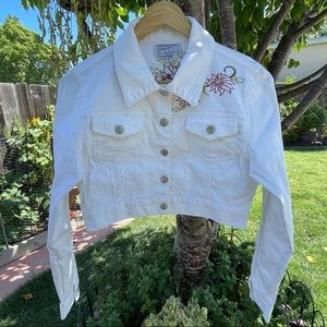Ashley | Vintage Y2K Snap Button Embroidered Floral Cropped Denim Jacket